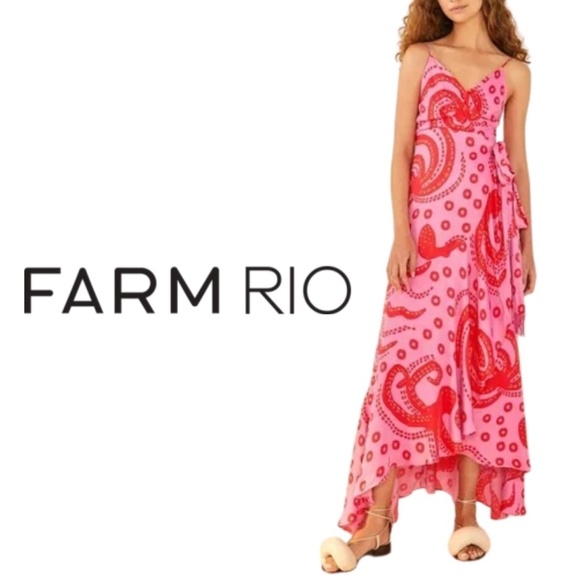 Farm Rio Octocool Wrap Dress Pink Red Octopus Beaded Maxi Dress - Size Small - Picture 1 of 16